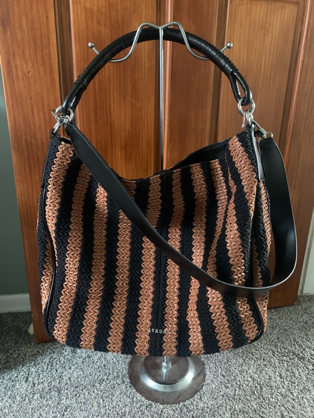 STAUD Perry Striped Woven Hobo Bag with Leather Straps